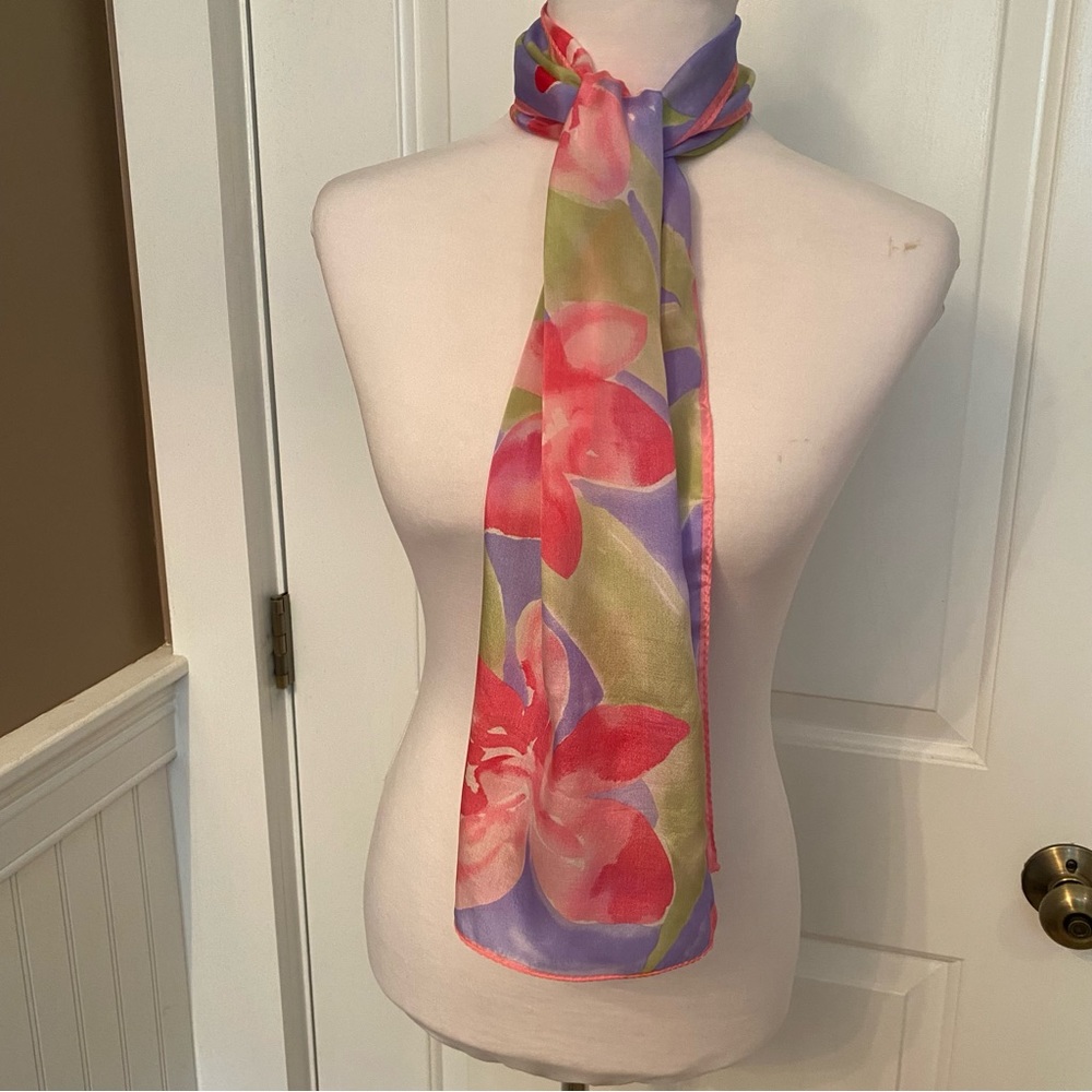 VERA SCARF PINK BLUE GREEN FLORAL SILK LONG RECTANGLE ACCESSORY